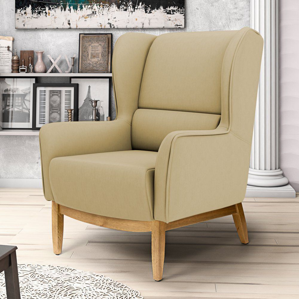 Kit 02 Poltronas Decorativas Para Sala de Estar Milena D02 Base de Madeira Veludo Liso Bege C-68 -Lyam Decor