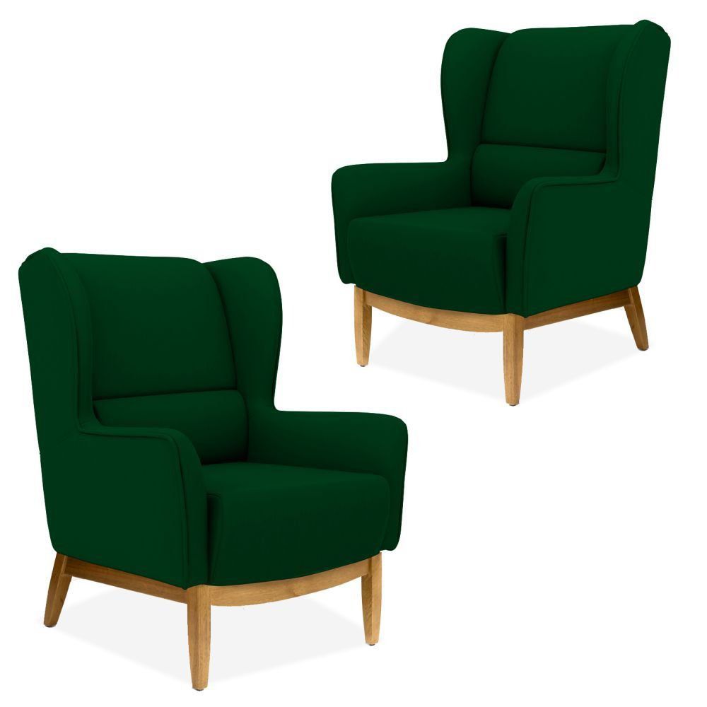 Kit 02 Poltronas Decorativas Para Sala de Estar Milena D02 Base de Madeira Veludo Verde Liso C-303 - Lyam Decor