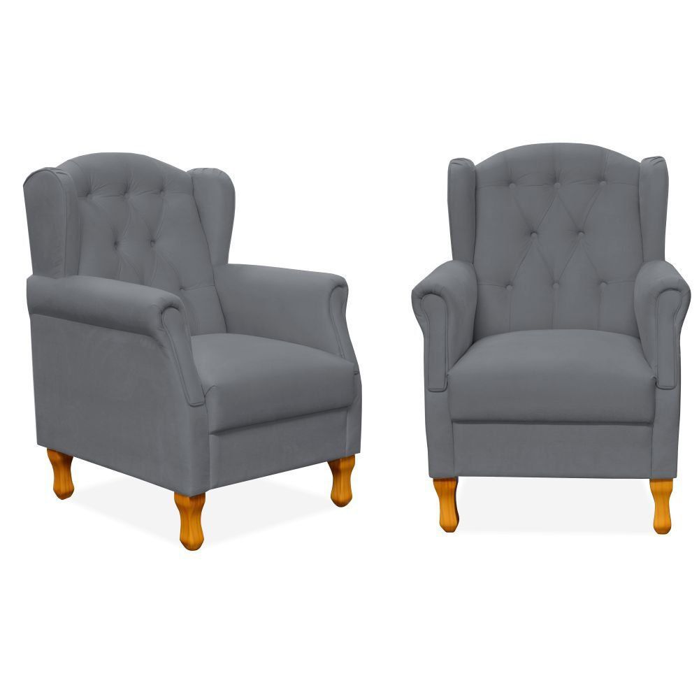 Kit 02 Poltronas Decorativas Para Sala de Estar Yara P02 Corino Cinza - Lyam Decor