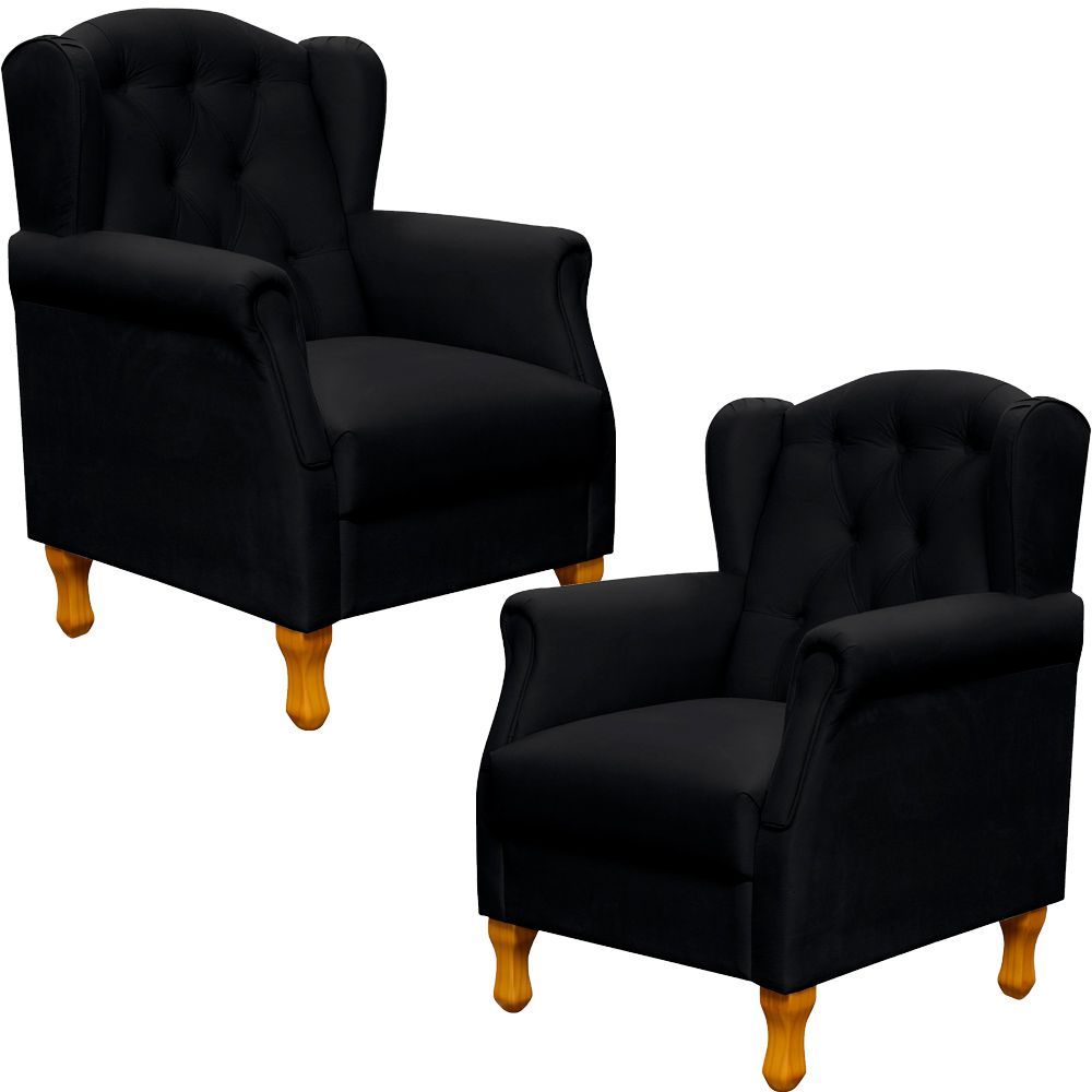 Kit 02 Poltronas Decorativas Para Sala de Estar Yara P02 Corino Preto - Lyam Decor