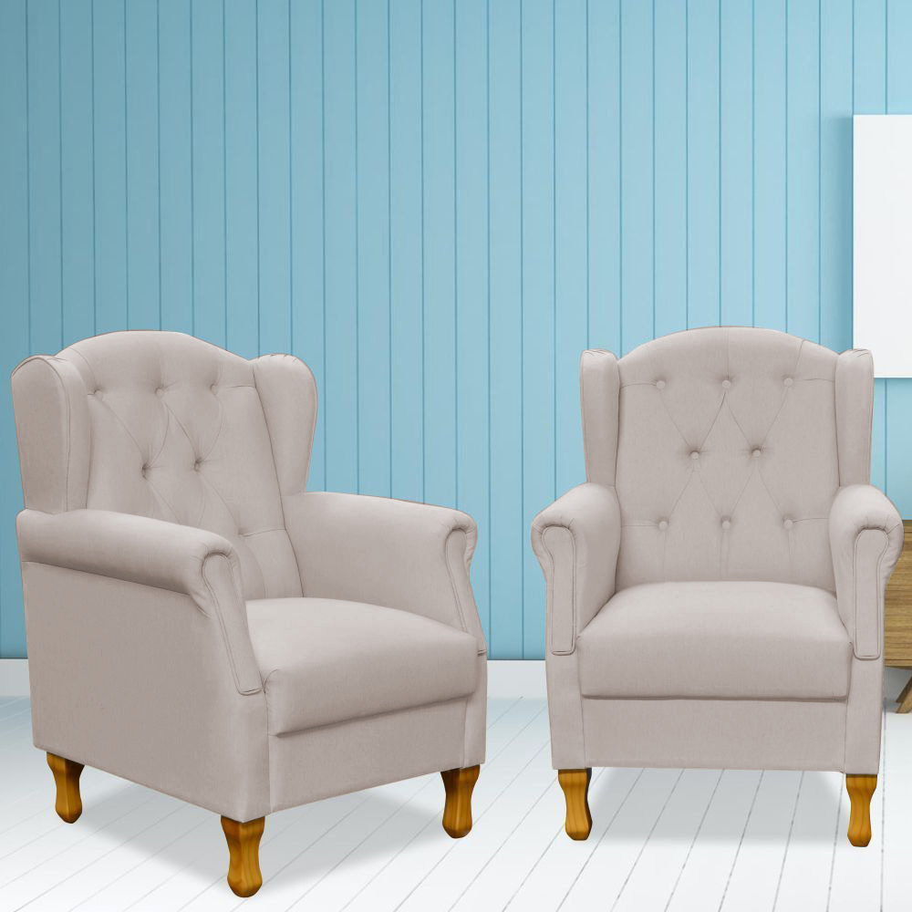 Kit 02 Poltronas Decorativas Para Sala de Estar Yara P02 Linho Bege - Lyam Decor