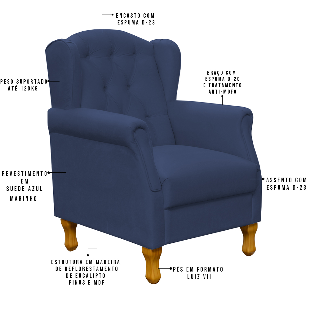 Kit 02 Poltronas Decorativas Para Sala de Estar Yara P02 Suede Azul Marinho - Lyam Decor
