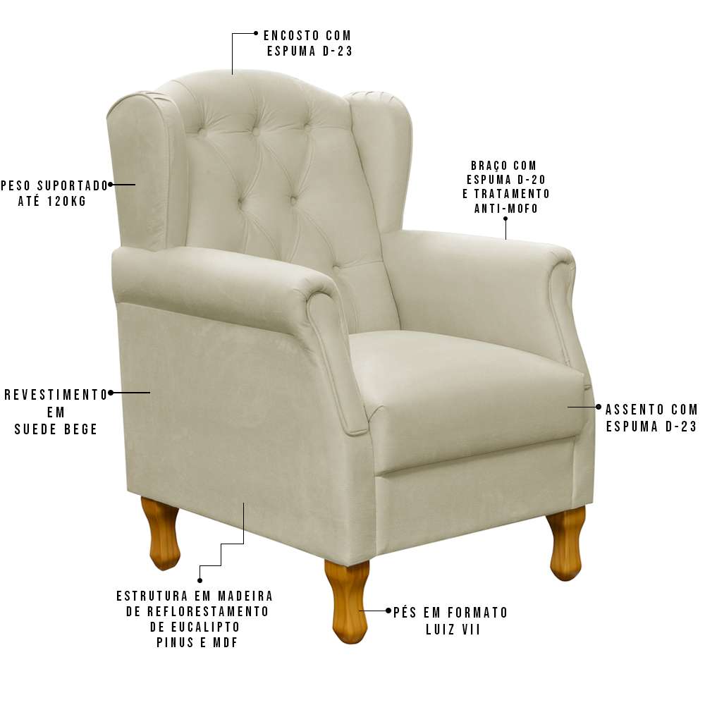 Kit 02 Poltronas Decorativas Para Sala de Estar Yara P02 Suede Bege - Lyam Decor