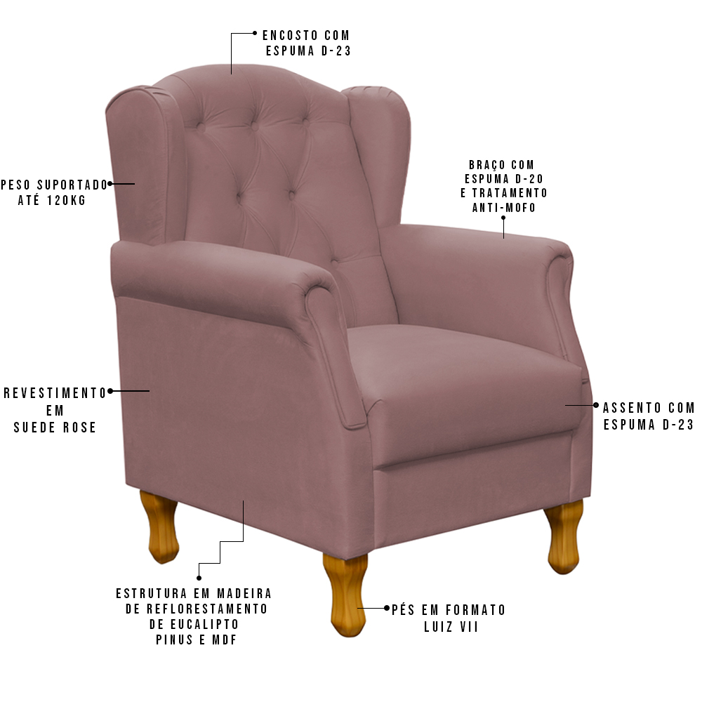Kit 02 Poltronas Decorativas Para Sala de Estar Yara P02 Suede Rosê - Lyam Decor