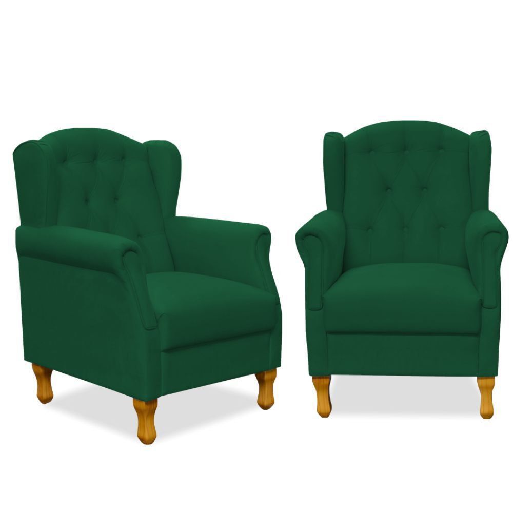 Kit 02 Poltronas Decorativas Para Sala de Estar Yara P02 Suede Verde Musgo - Lyam Decor