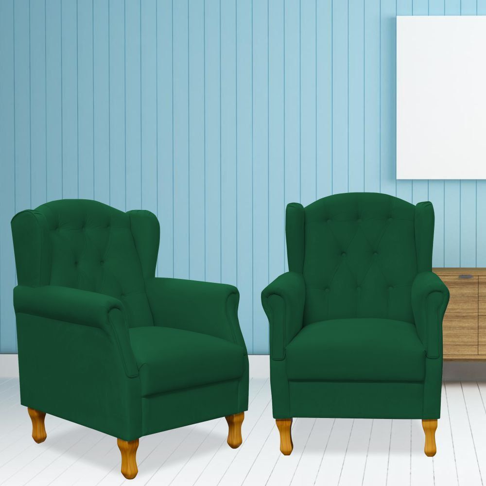 Kit 02 Poltronas Decorativas Para Sala de Estar Yara P02 Suede Verde Musgo - Lyam Decor