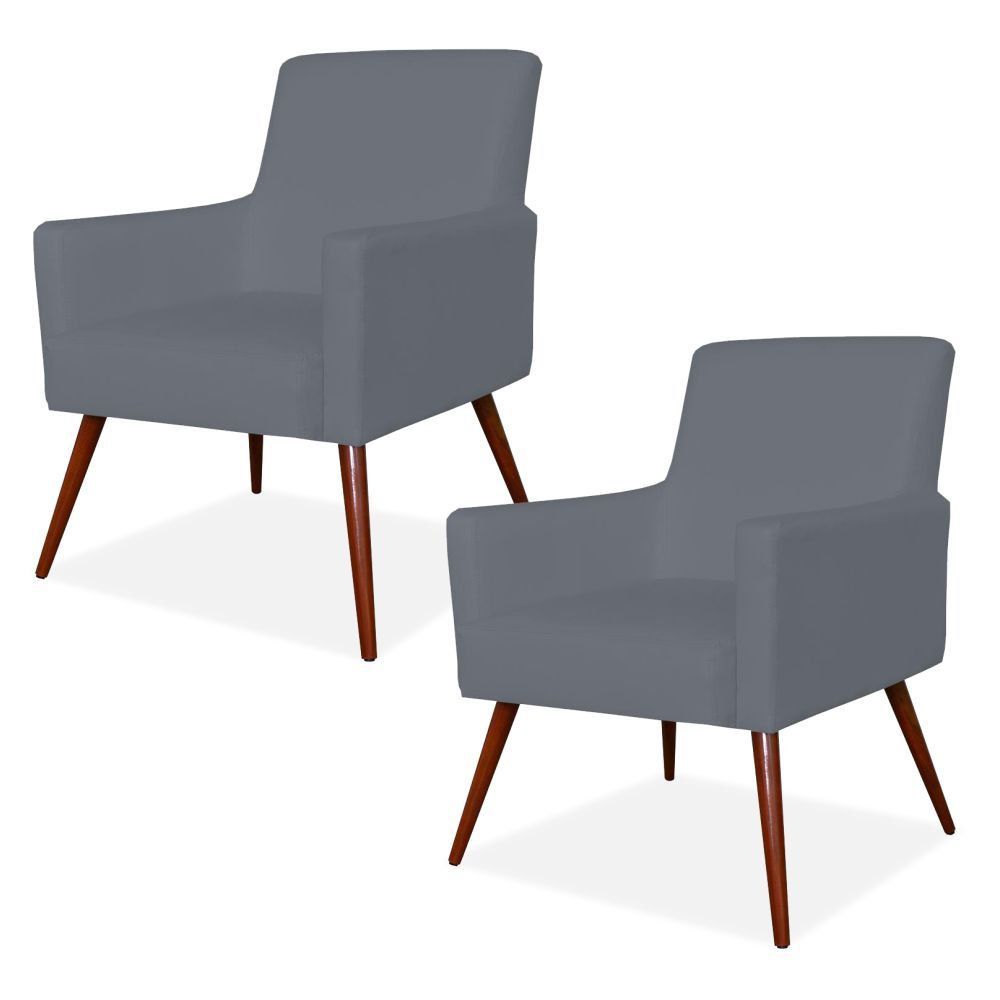 Kit 02 Poltronas Decorativas Para Sala de Estar e Recepção Maria W01 Pés Palito Corino Cinza - Lyam Decor