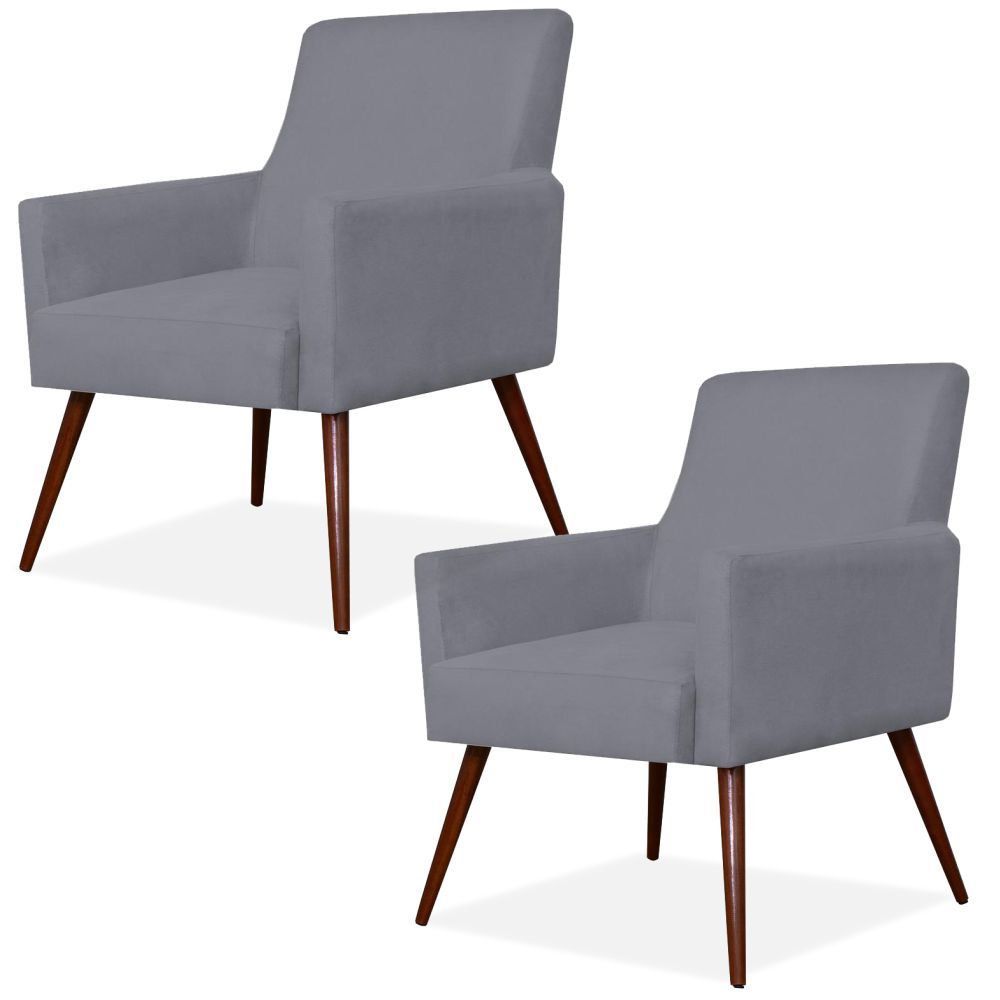 Kit 02 Poltronas Decorativas Para Sala de Estar e Recepção Maria W01 Pés Palito Suede Cinza - Lyam Decor