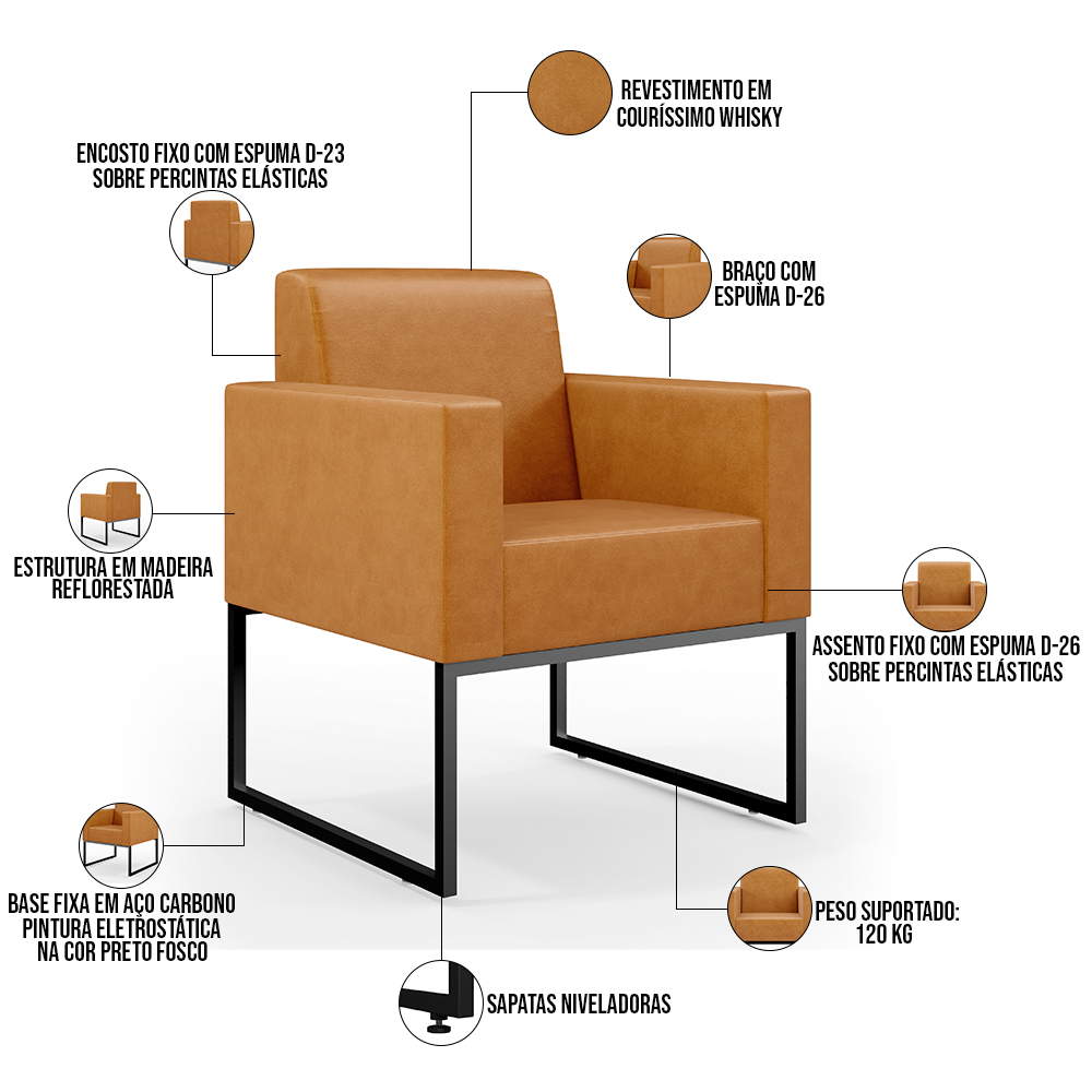Kit 02 Poltronas Decorativas Sala Base fixa Metal Helô L02 Couríssimo Whisky - Lyam Decor