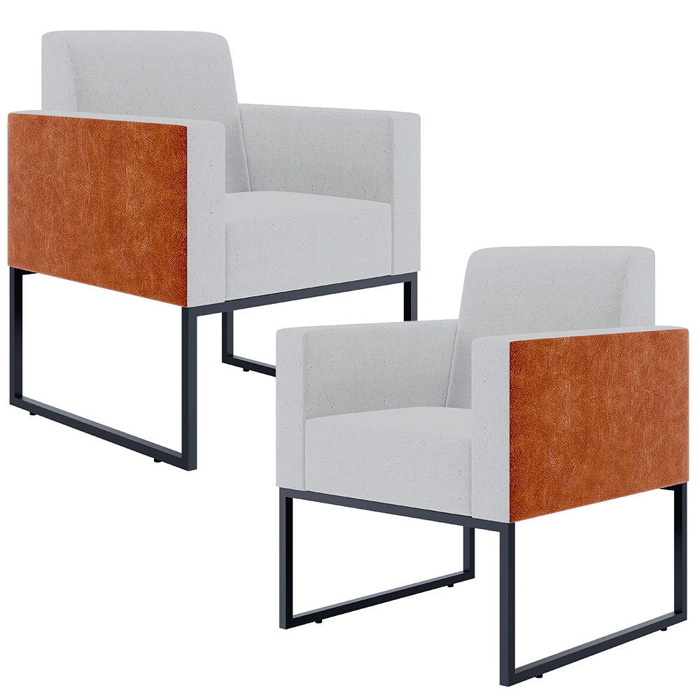 Kit 02 Poltronas Decorativas Sala Base fixa Metal Helô L02 Linho Cinza Couríssimo Camel - Lyam Decor