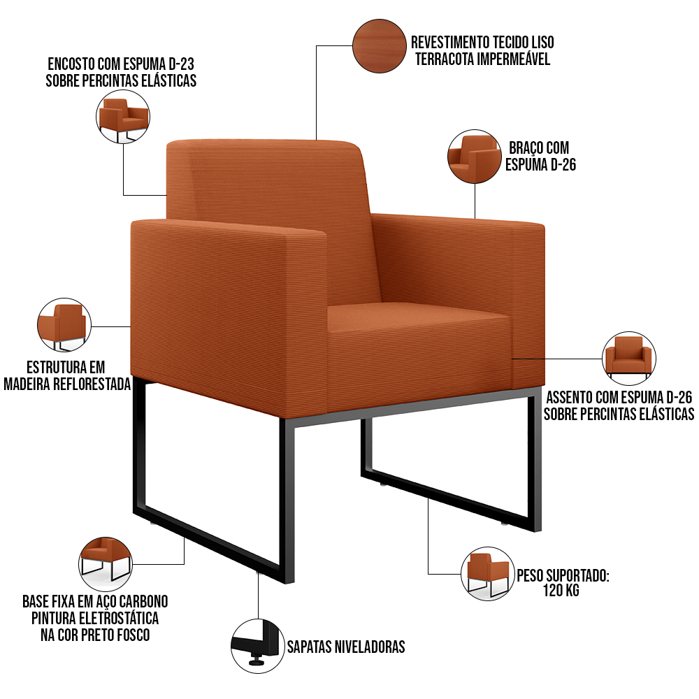 Kit 02 Poltronas Decorativas Sala Base fixa Metal Helô L02 Tecido Terracota - Lyam Decor