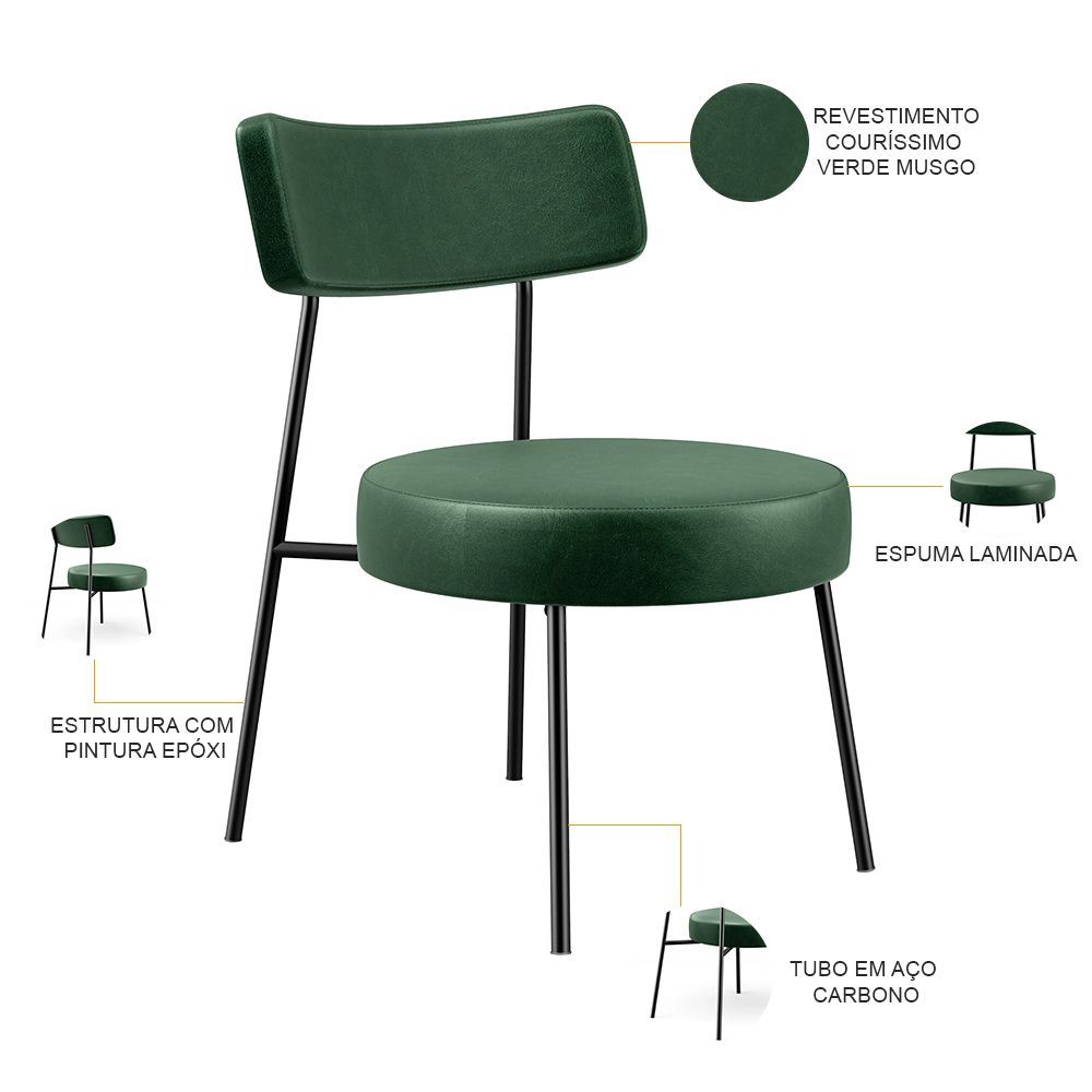 Kit 02 Poltronas Decorativas Sala De Estar Base Fixa Londres F01 Couríssimo Verde Musgo - Lyam Decor