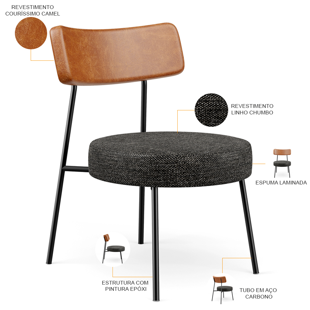 Kit 02 Poltronas Decorativas Sala De Estar Fixa Londres L02 Couríssimo Camel Linho Chumbo - Lyam