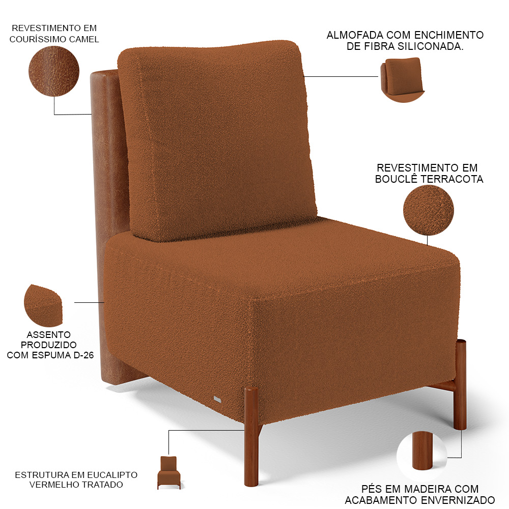 Kit 02 Poltronas Decorativas Sala Estar Living Hungria L02 Couríssimo Camel Bouclê Terracota - Lyam