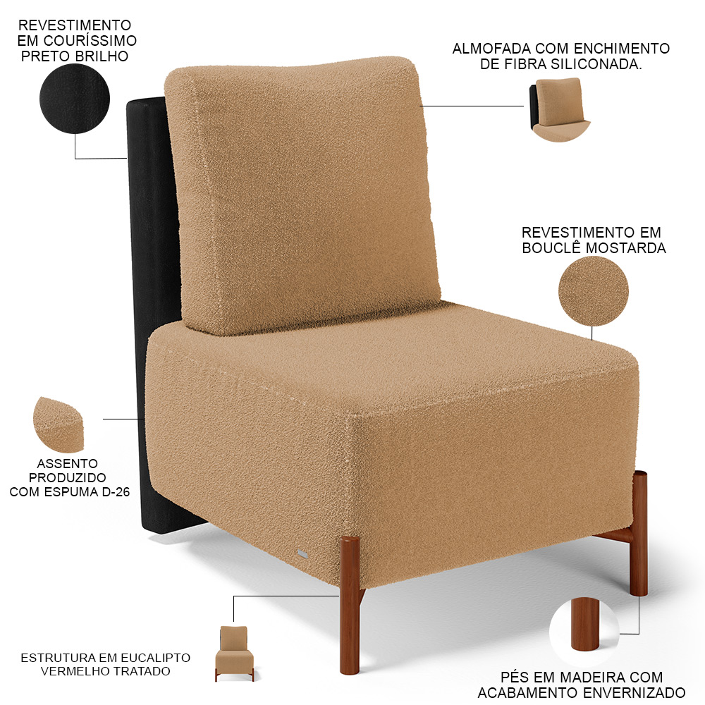 Kit 02 Poltronas Decorativas Sala Estar Living Hungria L02 Couríssimo Preto Bouclê Mostarda - Lyam