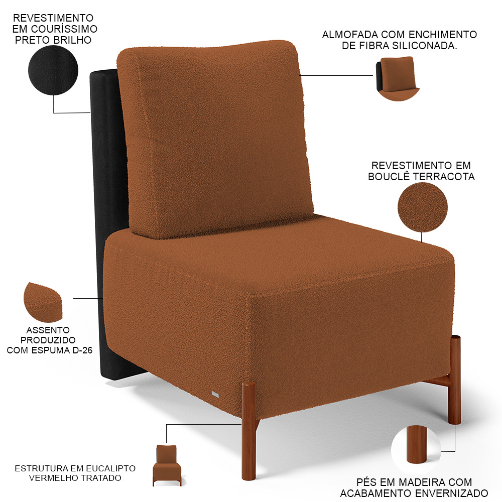 Kit 02 Poltronas Decorativas Sala Estar Living Hungria L02 Couríssimo Preto Bouclê Terracota - Lyam