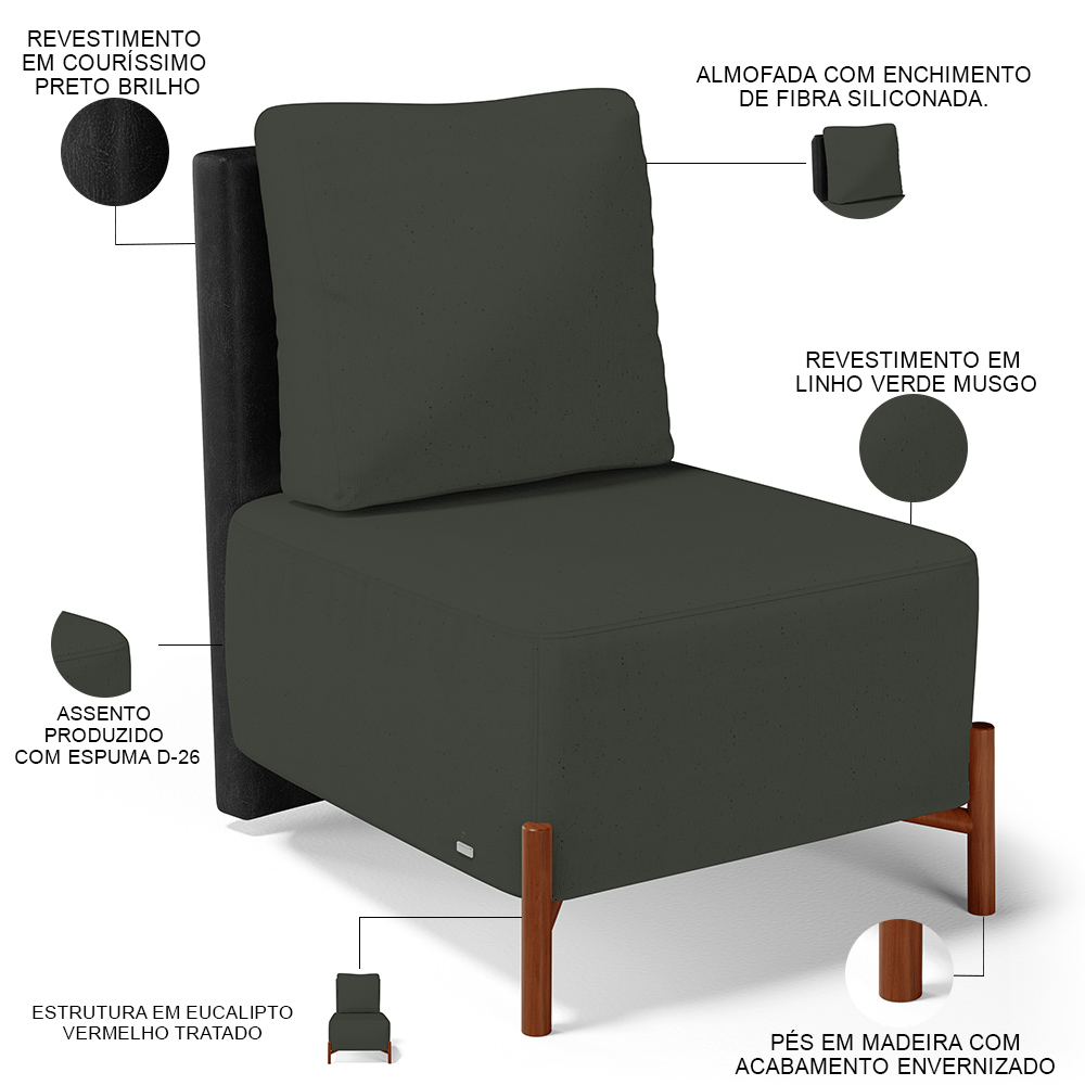 Kit 02 Poltronas Decorativas Sala Estar Living Hungria L02 Couríssimo Preto Linho Verde Musgo - Lyam