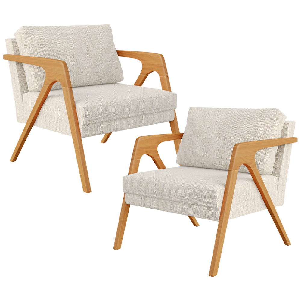 Kit 02 Poltronas Decorativas Sala Estar Pietra Estrutura De Madeira L02 Linho Champagne - Lyam Decor