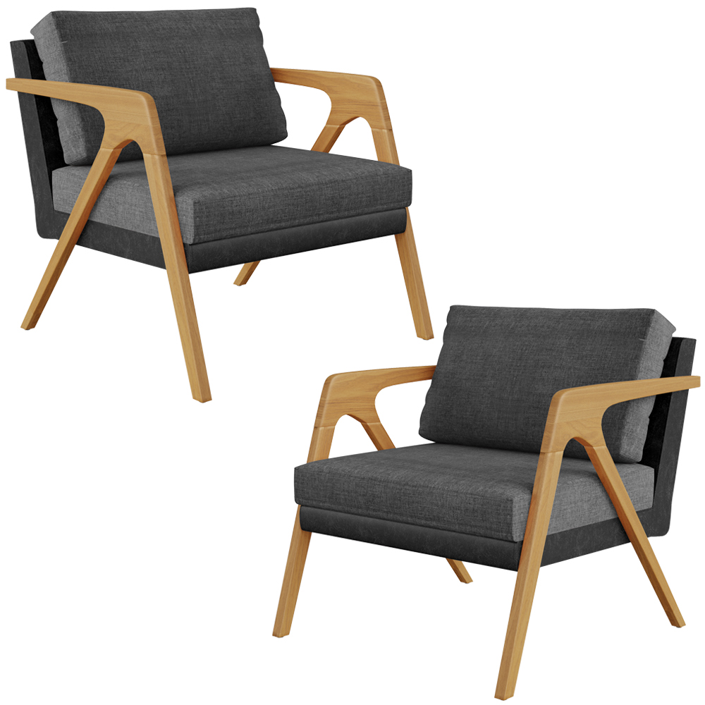 Kit 02 Poltronas Decorativas Sala Estar Pietra L02 Couríssimo Preto Linho Cinza Escuro - Lyam Decor