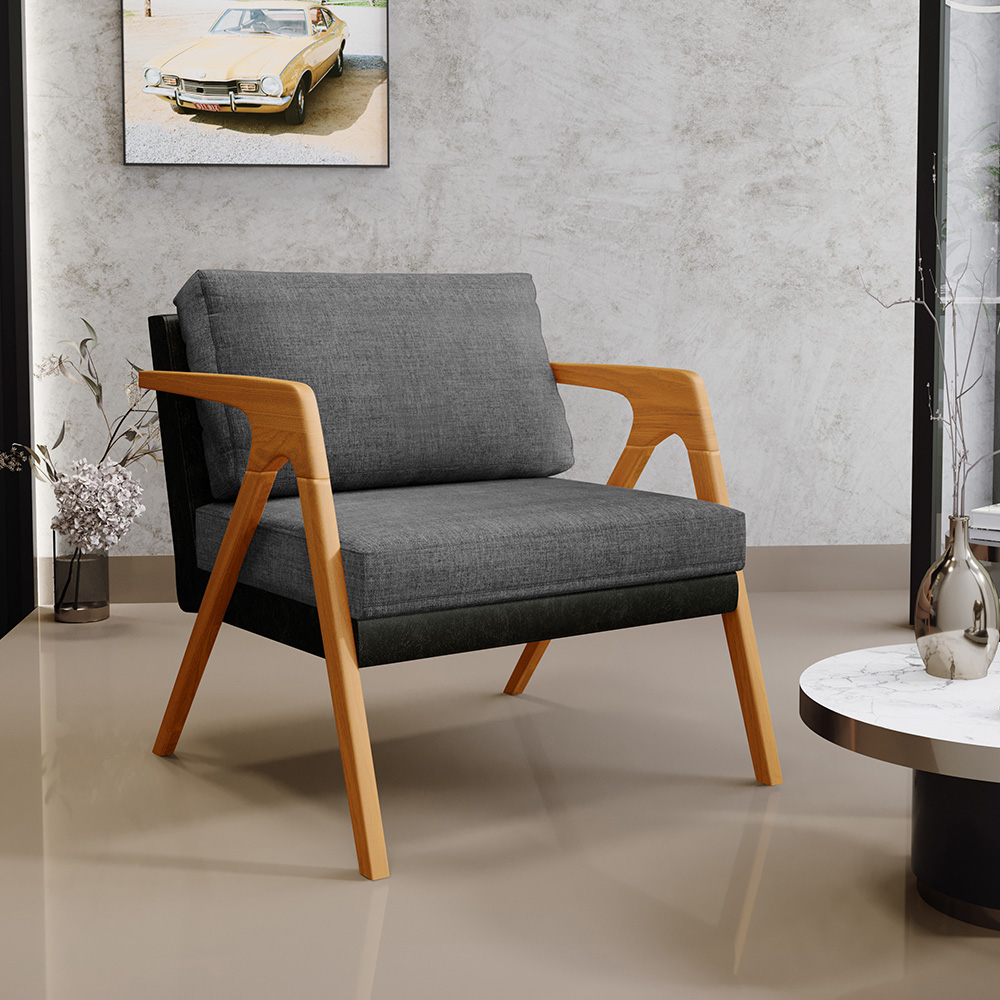 Kit 02 Poltronas Decorativas Sala Estar Pietra L02 Couríssimo Preto Linho Cinza Escuro - Lyam Decor
