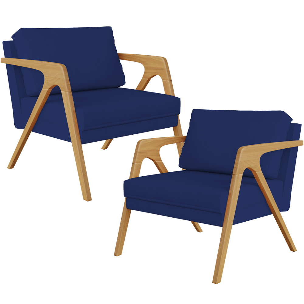 Kit 02 Poltronas Decorativas Sala Pietra Estrutura De Madeira L02 Suede Azul Marinho - Lyam Decor
