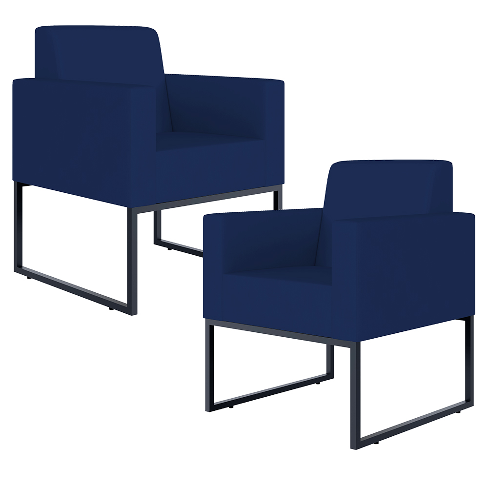 Kit 02 Poltronas Decorativas Sala Recepção Base Fixa Metal Helô L02 Suede Azul Marinho - Lyam Decor