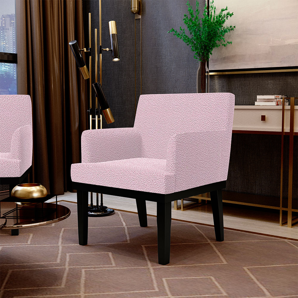 Kit 02 Poltronas Decorativas Sala de Estar Base Preto Beatriz W01 Bouclê Rosê - Lyam Decor