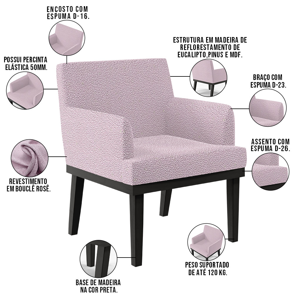 Kit 02 Poltronas Decorativas Sala de Estar Base Preto Beatriz W01 Bouclê Rosê - Lyam Decor