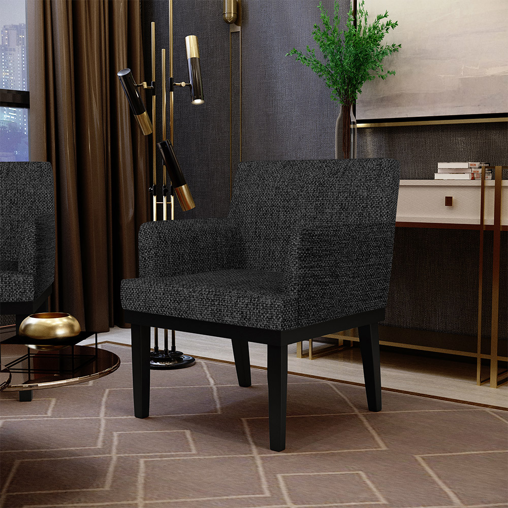 Kit 02 Poltronas Decorativas Sala de Estar Base Preto Beatriz W01 Linho Chumbo - Lyam Decor