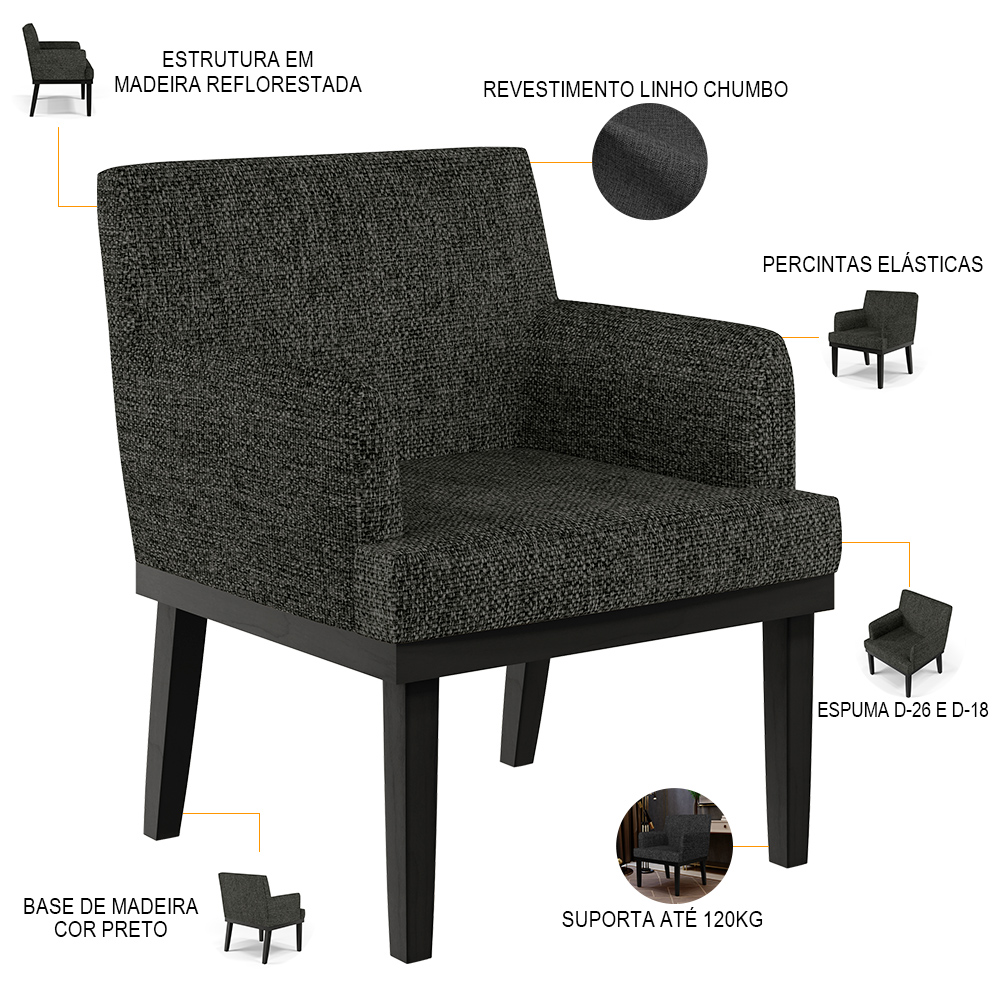 Kit 02 Poltronas Decorativas Sala de Estar Base Preto Beatriz W01 Linho Chumbo - Lyam Decor