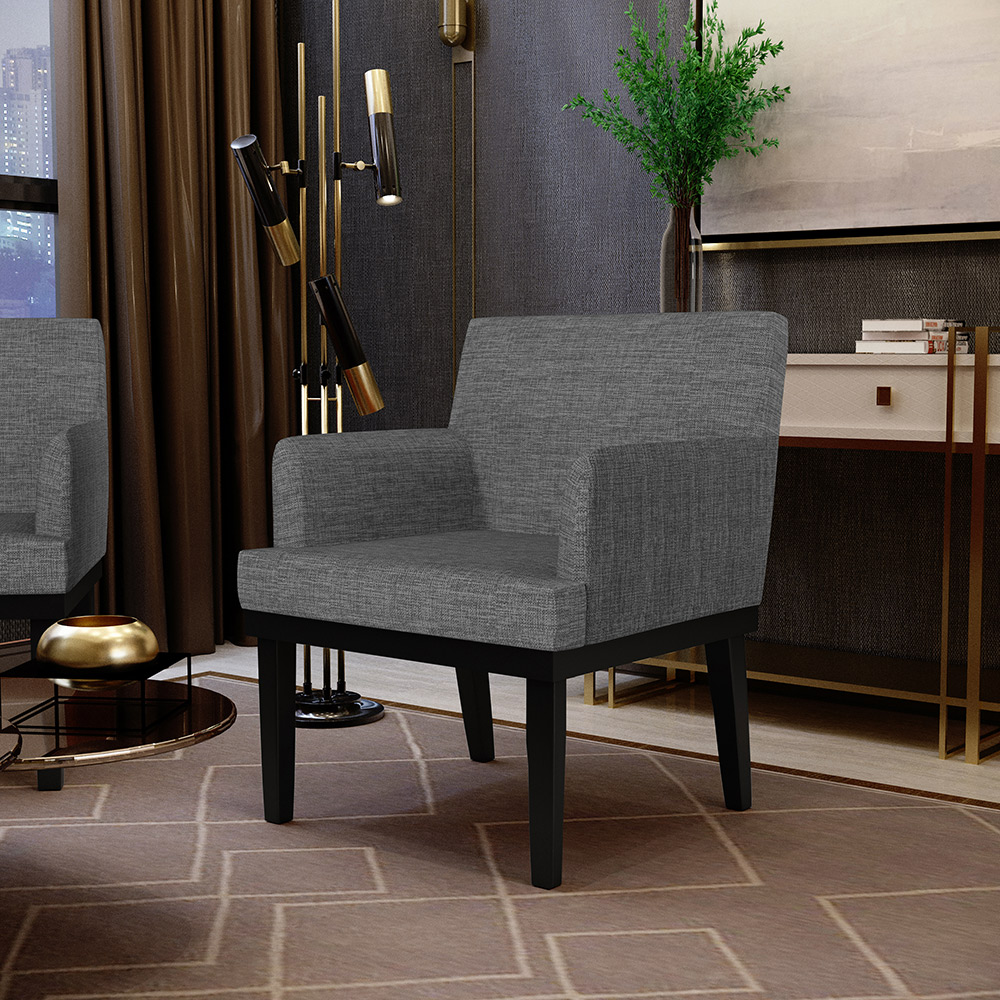 Kit 02 Poltronas Decorativas Sala de Estar Base Preto Beatriz W01 Linho Cinza Escuro - Lyam Decor