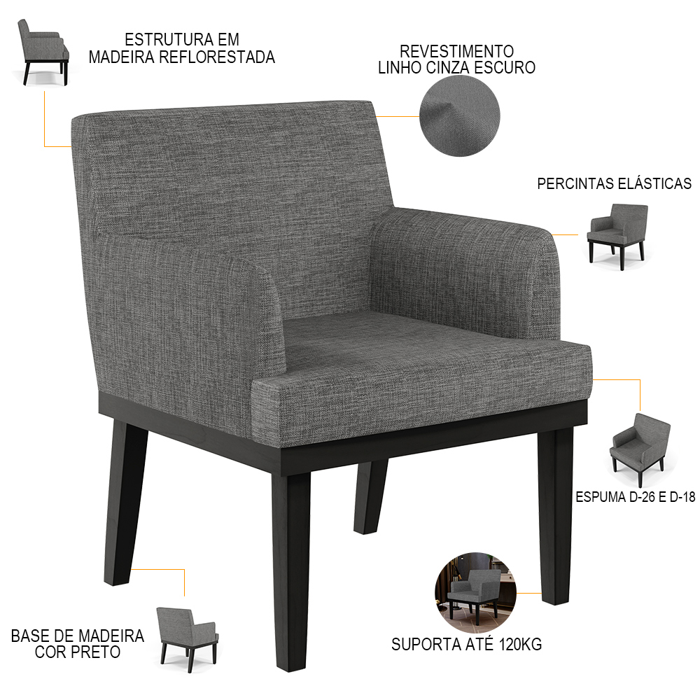 Kit 02 Poltronas Decorativas Sala de Estar Base Preto Beatriz W01 Linho Cinza Escuro - Lyam Decor