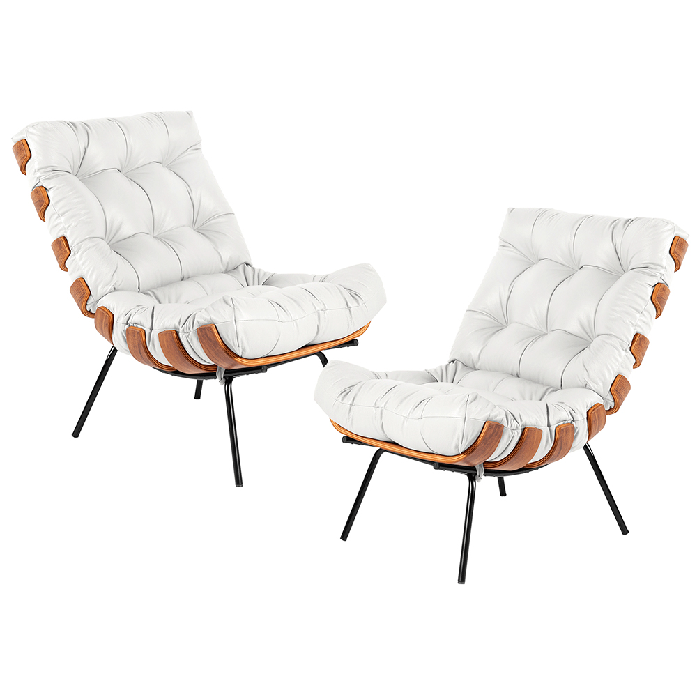 Kit 02 Poltronas Decorativas Sala de Estar Costela L04 Couro Branco - Lyam Decor