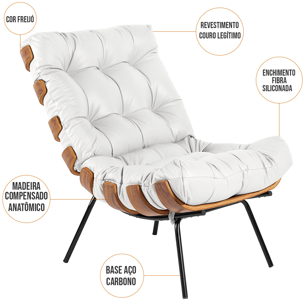 Kit 02 Poltronas Decorativas Sala de Estar Costela L04 Couro Branco - Lyam Decor