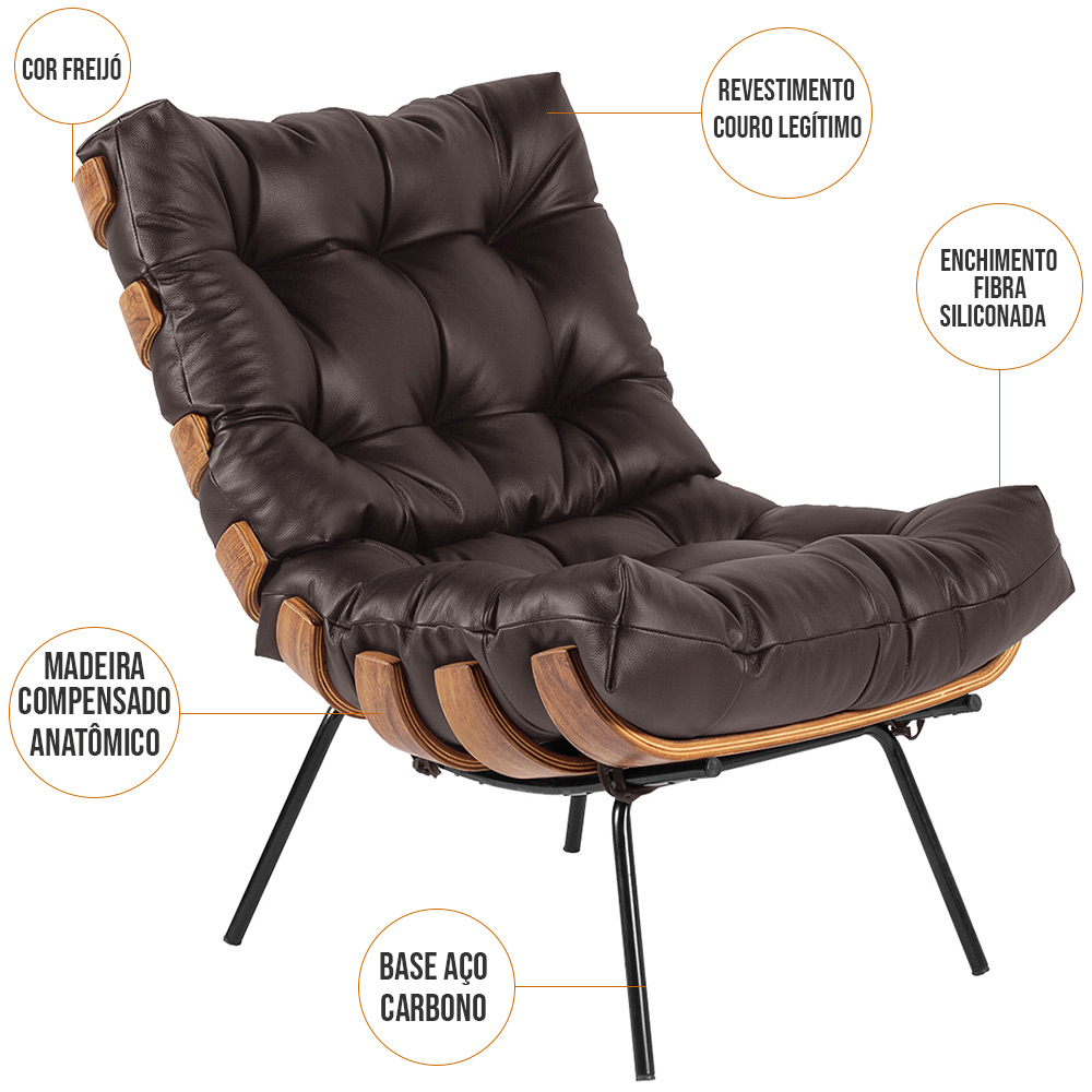 Kit 02 Poltronas Decorativas Sala de Estar Costela L04 Couro Marrom Café - Lyam Decor