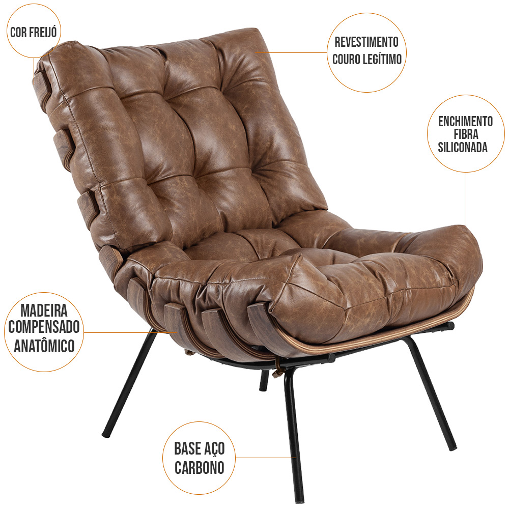 Kit 02 Poltronas Decorativas Sala de Estar Costela L04 Couro Mel - Lyam Decor