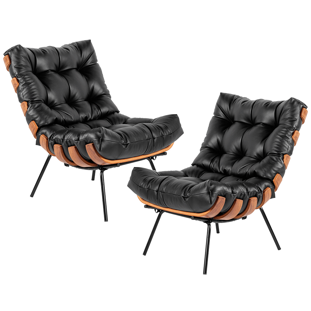 Kit 02 Poltronas Decorativas Sala de Estar Costela L04 Couro Preto - Lyam Decor