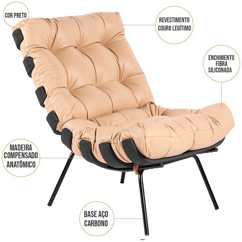Kit 02 Poltronas Decorativas Sala de Estar Costela Preto L04 Couro Bege - Lyam Decor