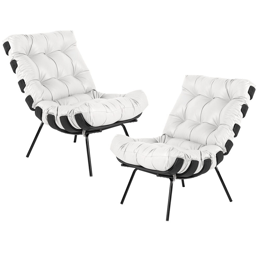 Kit 02 Poltronas Decorativas Sala de Estar Costela Preto L04 Couro Branco - Lyam Decor