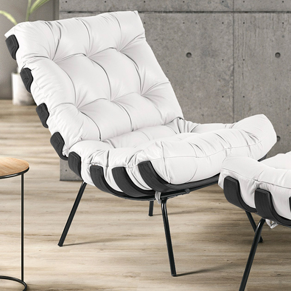 Kit 02 Poltronas Decorativas Sala de Estar Costela Preto L04 Couro Branco - Lyam Decor