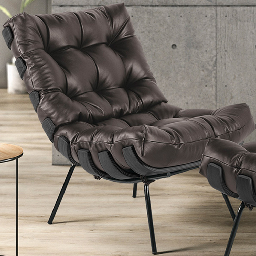 Kit 02 Poltronas Decorativas Sala de Estar Costela Preto L04 Couro Marrom Café - Lyam Decor