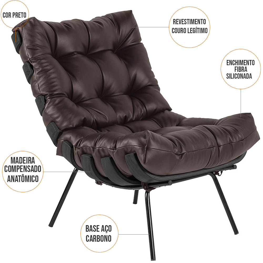 Kit 02 Poltronas Decorativas Sala de Estar Costela Preto L04 Couro Marrom Café - Lyam Decor