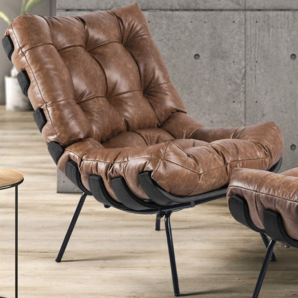 Kit 02 Poltronas Decorativas Sala de Estar Costela Preto L04 Couro Mel - Lyam Decor