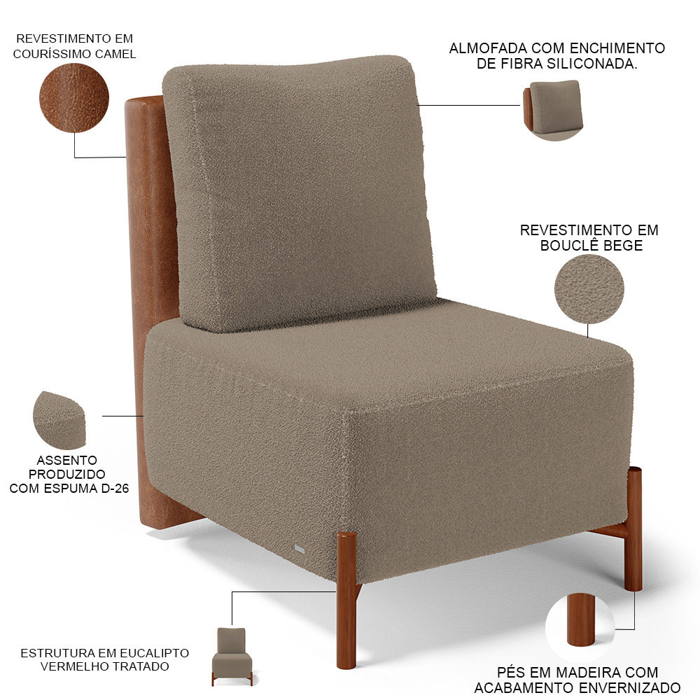 Kit 02 Poltronas Decorativas Sala de Estar Living Hungria L02 Couríssimo Camel Bouclê Bege - Lyam