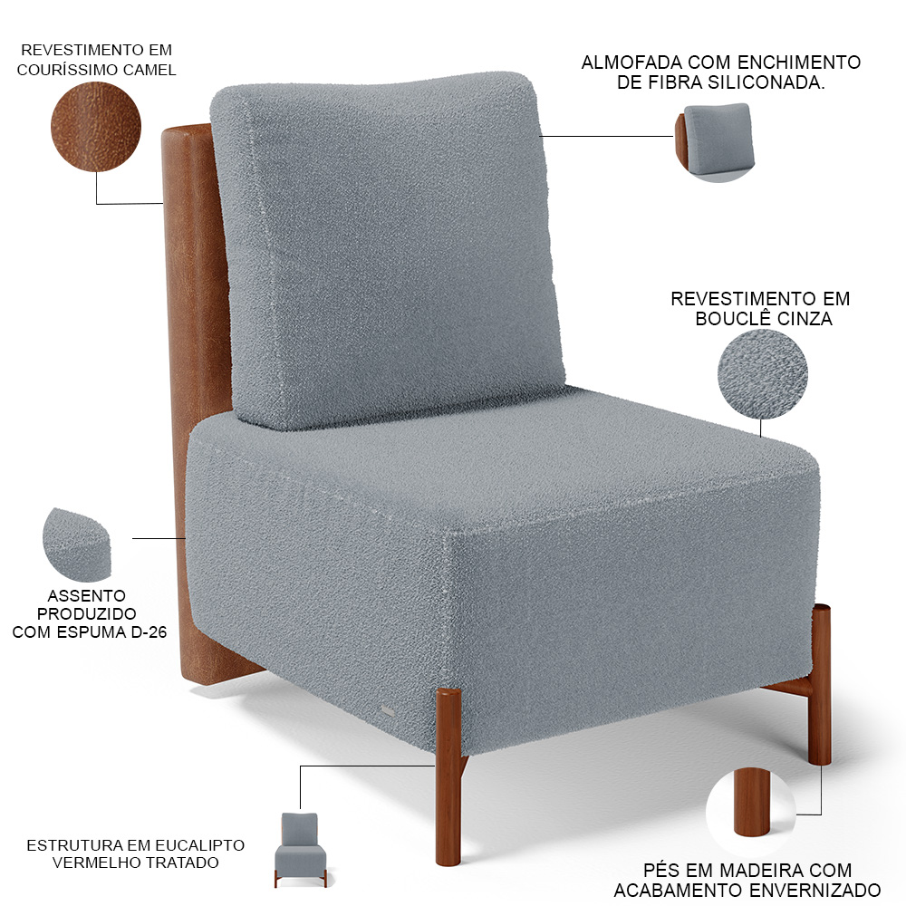 Kit 02 Poltronas Decorativas Sala de Estar Living Hungria L02 Couríssimo Camel Bouclê Cinza - Lyam