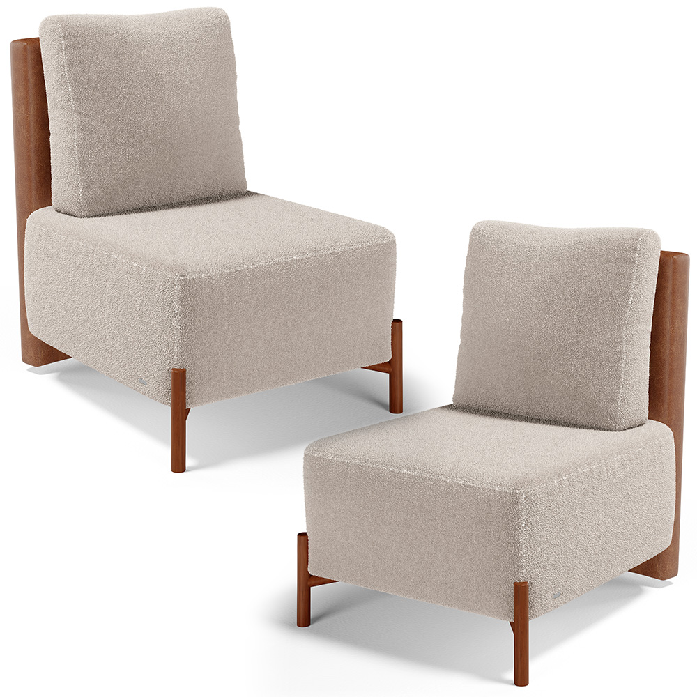 Kit 02 Poltronas Decorativas Sala de Estar Living Hungria L02 Couríssimo Camel Bouclê Creme - Lyam