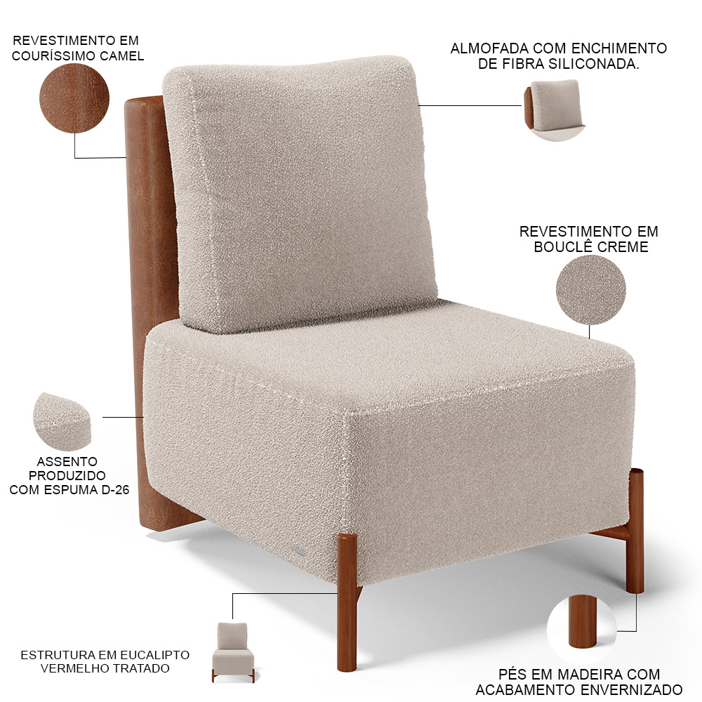 Kit 02 Poltronas Decorativas Sala de Estar Living Hungria L02 Couríssimo Camel Bouclê Creme - Lyam