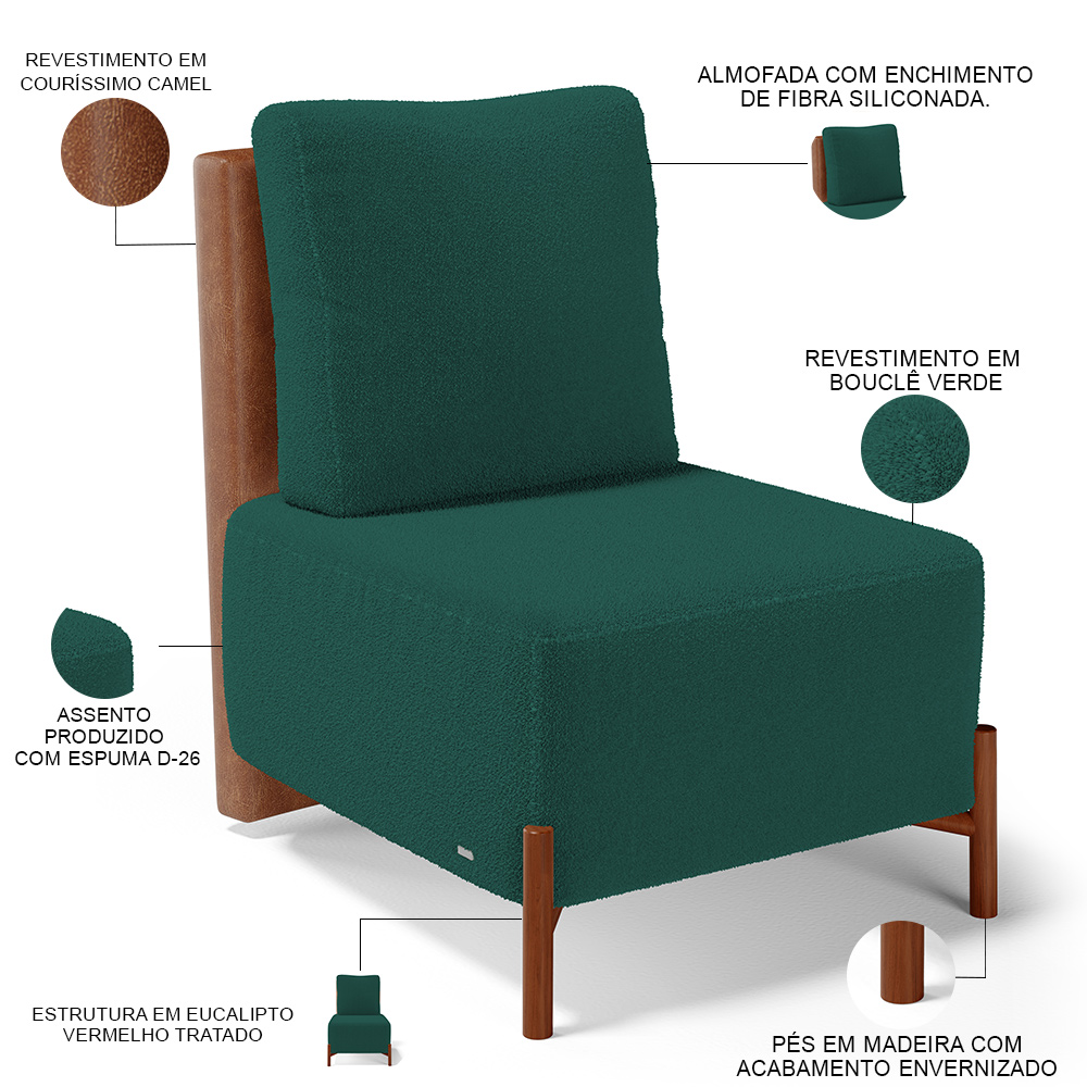 Kit 02 Poltronas Decorativas Sala de Estar Living Hungria L02 Couríssimo Camel Bouclê Verde - Lyam