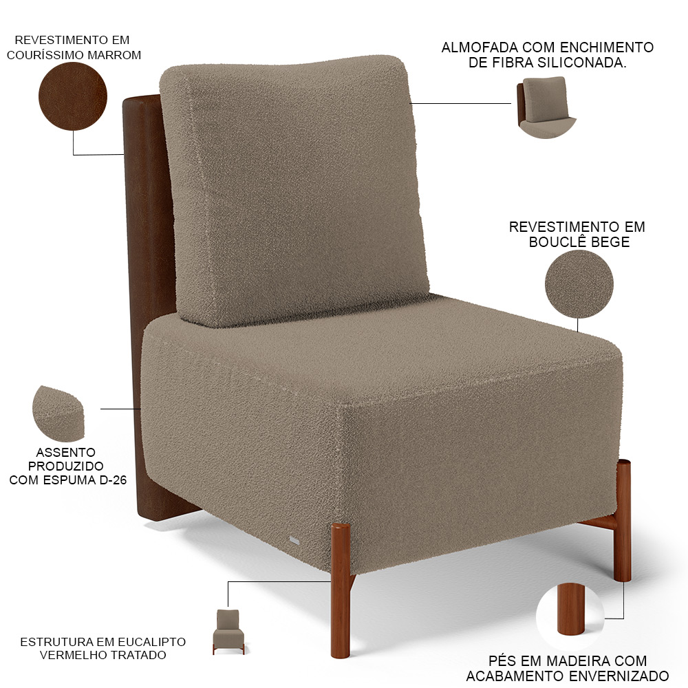 Kit 02 Poltronas Decorativas Sala de Estar Living Hungria L02 Couríssimo Marrom Bouclê Bege - Lyam