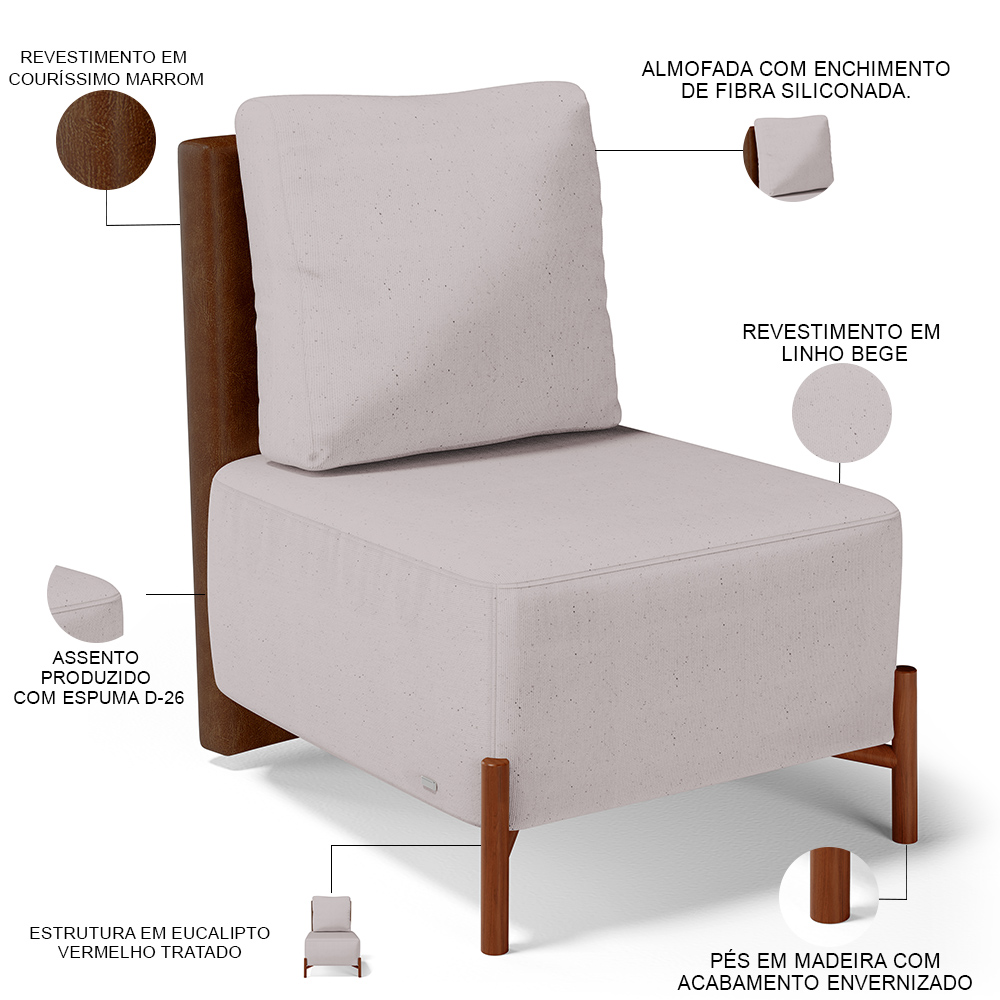 Kit 02 Poltronas Decorativas Sala de Estar Living Hungria L02 Couríssimo Marrom Linho Bege - Lyam